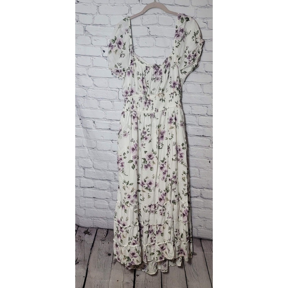 Hollister Floral Maxi Dress XL White Purple Puff Sleeve Smocked Cottagecore Boho